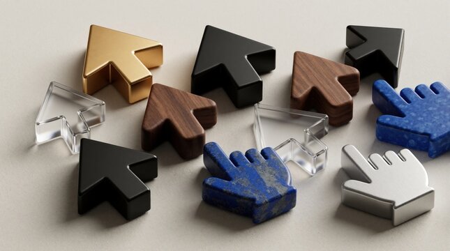 Selection of diverse cursor icons. Arrow and hand pointers feature wood, stone, gold, glass, and metal materials. Digital interface elements for web design options. User choice.