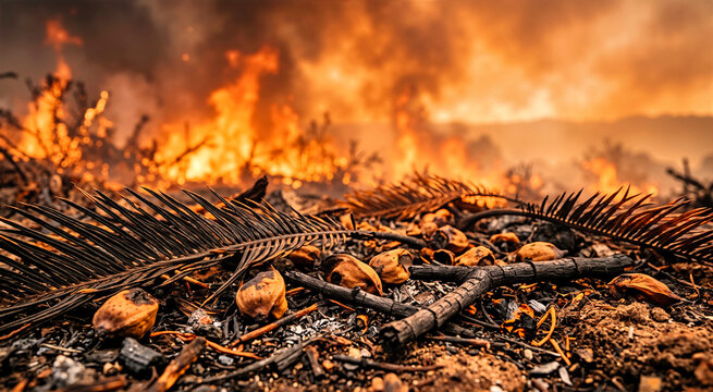 Macro shot of scorched prehistoric forest floor. Charred cycad fronds and burnt seeds in intense orange firelight