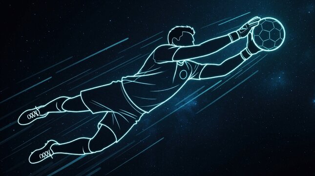 Soccer goalkeeper dives in cosmic space to catch ball. Glowing blue neon line art shows athletic player making save. Dynamic football action with stars, motion lines in galaxy background. Futuristic
