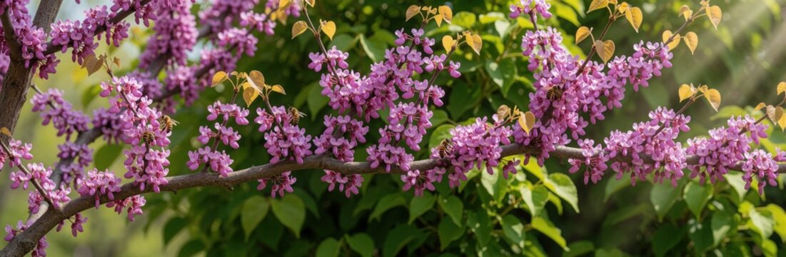 Blooming redbud tree branches with purple pink flowers. Bees fly around blossoms in spring garden. Close up shot of flowering plant with green leaves under bright sun. Nature background with seasonal