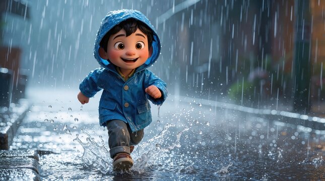 Happy young boy runs through heavy rain in blue raincoat. Cute child splashes in street puddles with joy. Animated character enjoys wet weather, childhood adventure outdoors. Energetic kid plays