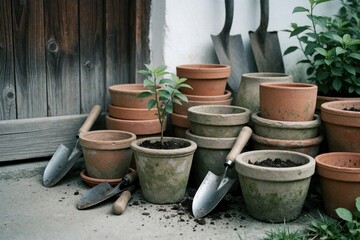Obraz premium Clay pots and garden tools with small plant sit near weathered wood fence. Preparation for spring planting with terracotta containers and trowels ready for soil.