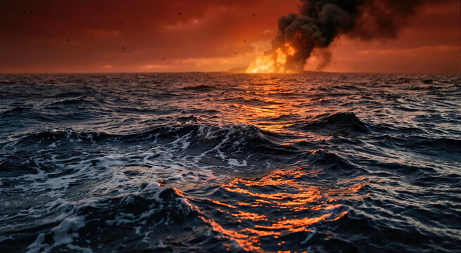 Churning ocean waves with a distant glowing impact plume. Prehistoric extinction event with red ash sky and rough sea. Apocalyptic aftermath concept