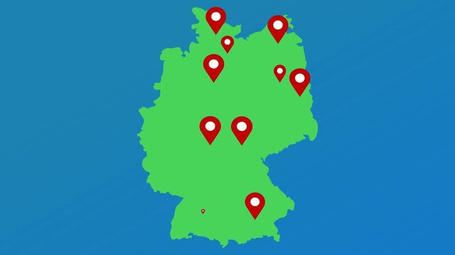 Germany Geographic Map Animation: Dynamic Red Location Pins Appearing