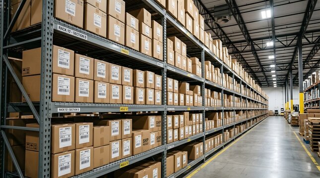 A detailed view of warehouse shelving units filled with neatly stacked cardboard shipping boxes.