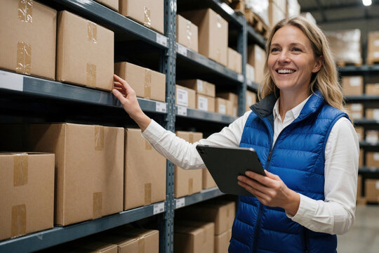 Woman manager checks inventory boxes in warehouse with digital tablet. Female worker organises stock, counts packages on shelves, using tech for logistics management, supply chain. Happy employee