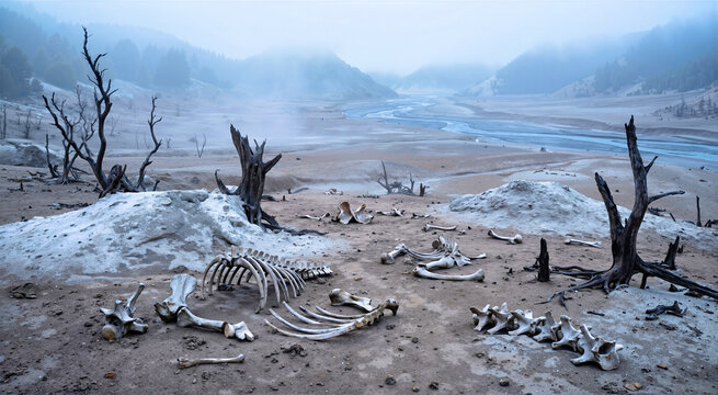 Desolate misty plain with scattered dinosaur skeletons and bones. Charred tree trunks in a foggy prehistoric landscape after an extinction event. Paleontology and ancient history concept