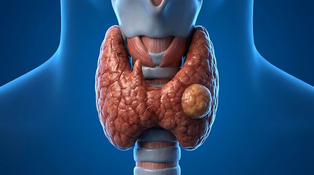 Human thyroid gland with a visible nodule on a blue background