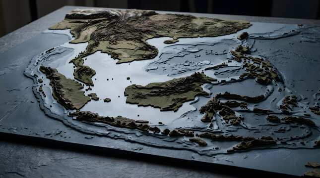 Detailed 3D Topographic Map of Southeast Asia with Elevation