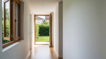 Fototapeta premium Modern hallway connects indoors with a green garden through open wooden doors and windows. Natural light fills the clean, minimalist space with a passive ventilation concept.