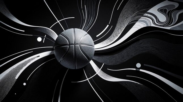 Abstract basketball illustration with dynamic motion lines, fluid shapes. Black, white graphic design shows energy flow around ball. Top view concept represents speed, power, athletic movement in