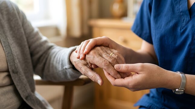 A close up of a nurse holding the hand of an elderly patient to provide comfort and reassurance.