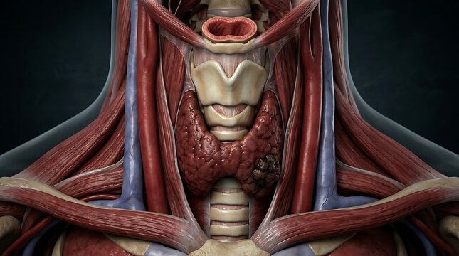 Human thyroid gland with tumor nodule in neck anatomy