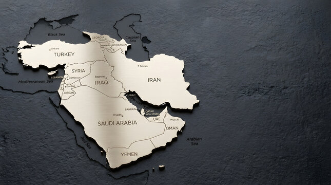 3D map of Middle East countries on textured dark surface