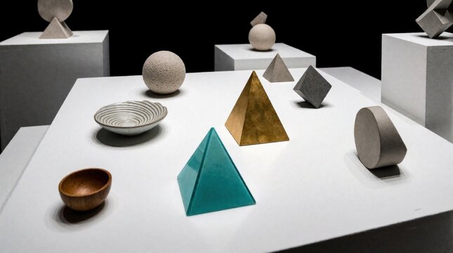 Modern art exhibition features geometric sculptures on white pedestals. Abstract stone, metal shapes like pyramids, spheres, bowls sit in minimalist gallery. Contemporary decor displays teal, gold,