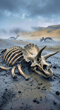 Fossilized triceratops skeleton in wet gray mud. Prehistoric dinosaur bones in a desolate ash landscape