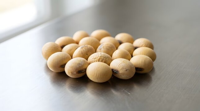A close-up view of raw organic soybeans arranged neatly on a smooth, brushed metallic surface area.