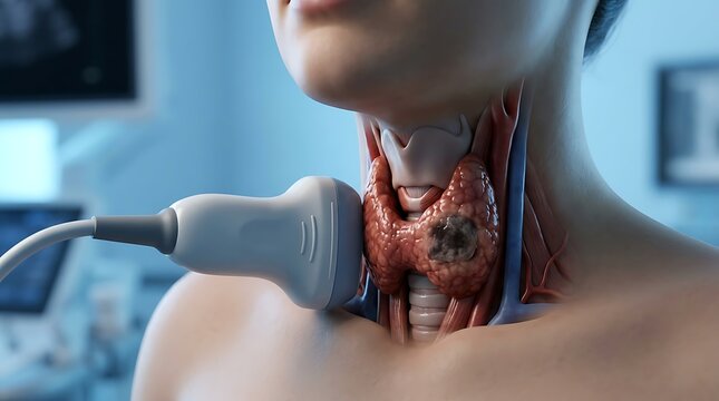 Thyroid ultrasound examination of gland with visible nodule