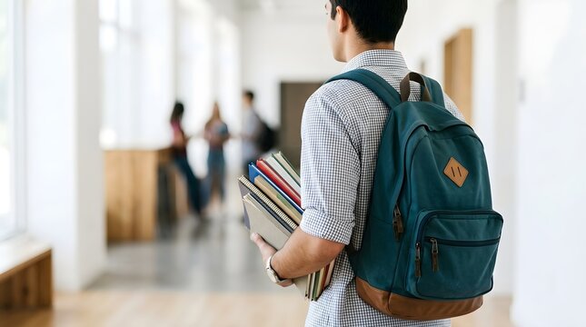 Male Student with Backpack Holding Books in University Hallway, Back View of College Education Concept
