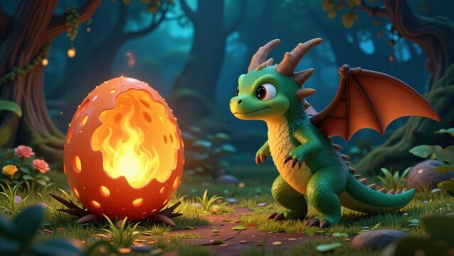 Cute cartoon baby dragon with green scales, orange wings, and big expressive eyes, exploring a vibrant fantasy forest with glowing egg and lush plants