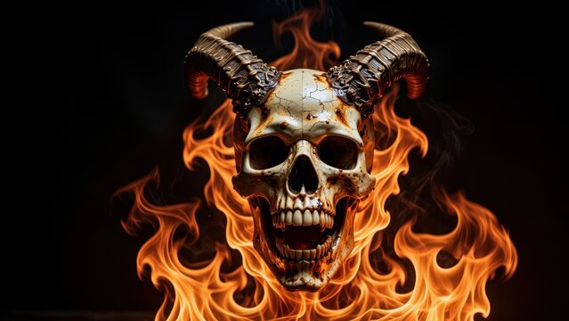 Skull with Curled Horns Surrounded by Flaming Fire for Horror, Dark Art, or Halloween Themes