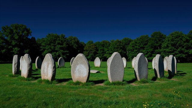 Array of Standing Stones in a lush green field with a bright blue sky and dense forest backdrop, emphasizing cultural heritage and outdoor landscape