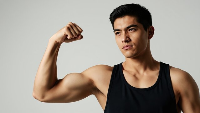 Confident young man flexing biceps to demonstrate strength and fitness, casual athletic style, indoor setting with neutral background, healthy lifestyle concept