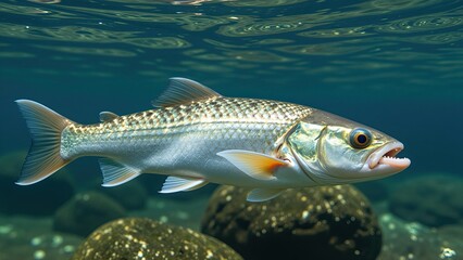 Fototapeta premium Close-up of a freshwater fish with silvery scales swimming in clear water over rocks, suitable for nature, aquatic life, and environmental themes