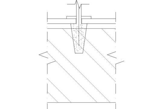 Technical CAD cross-section of a belled concrete pier foundation supporting a structural column and beam assembly embedded in soil.