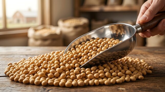 A hand holds a metallic scoop pouring soybeans onto a rustic wooden table in a farm setting area.