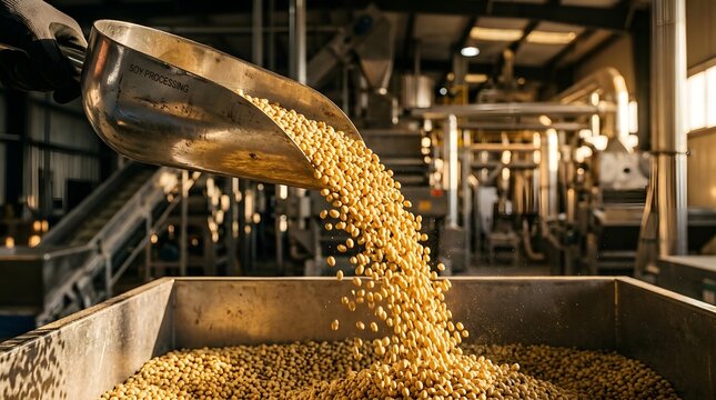 A metal scoop pours golden soybeans into a large industrial container inside a processing facility.