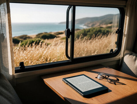 Ebook reader, glasses lie on wooden table inside motorhome. Large window offers view of ocean coast, grassy hills. Relaxed lifestyle traveler enjoys reading books camping in camper van near sea shore