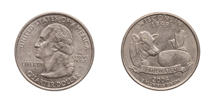 Quarter Dollar coin 2004. png isolated on transparent background.