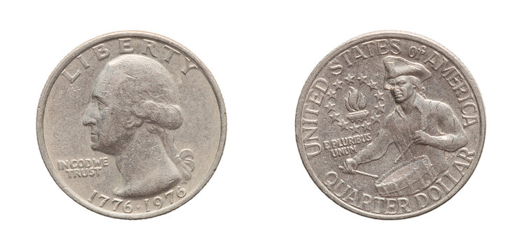 Quarter Dollar coin 1976. png isolated on transparent background.
