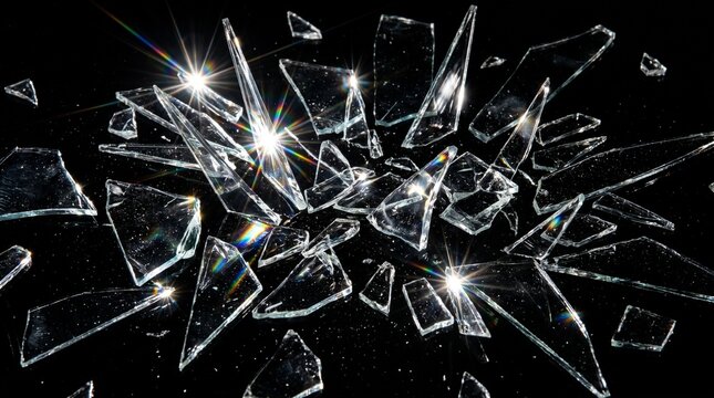 High speed glass shatter explosion shards isolated on black background