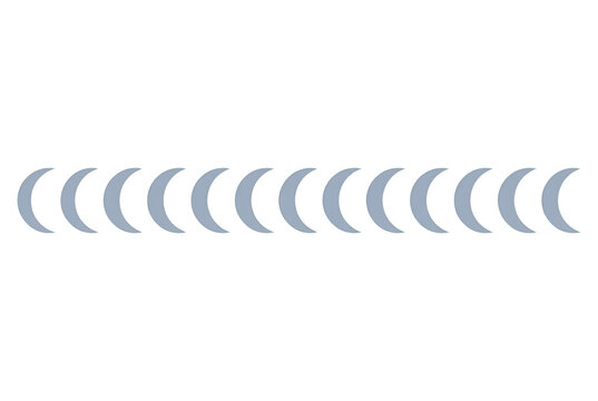 Una fila horizontal de iconos de luna creciente azul gris&aacute;ceo sobre un fondo blanco limpio, ideal para dise&ntilde;o gr&aacute;fico, elementos de interfaz de usuario o patrones decorativos minimalistas.