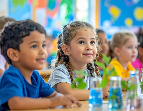 Diverse Group of Young Preschool Students Engaged in Interactive Science Experimentation Activities Inside a Bright Modern Classroom Setting