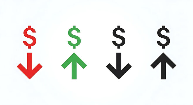 Financial indicators show currency value changes with upward and downward pointing arrows illustrating positive and negative market performance and economic trends