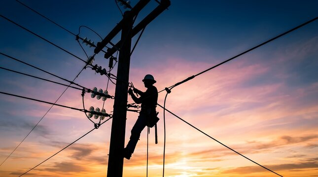 Silhouette of an electrical lineman maintaining power lines on a utility pole during vibrant sunset.