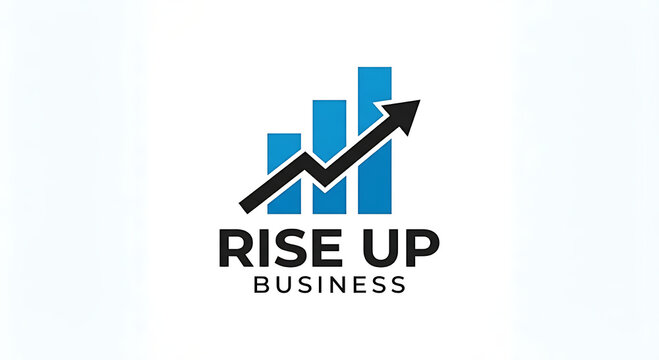 Contemporary logo design showcasing an upward trending arrow graph representing business expansion achievement and positive progress with the words rise up included
