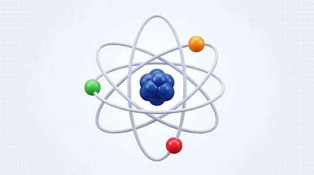 A 3D rendered scientific model of an atom featuring a central nucleus and colorful orbiting electrons.