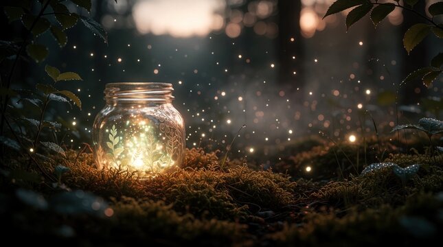Glowing jar sits on mossy forest floor with fireflies at twilight. Soft lights create magical, serene woodland ambiance. Nature awakens under soft, warm illumination.