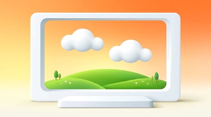 Fototapeta premium Bright, cheerful digital illustration of clouds and green hills on a tablet screen, evoking nature and positivity for tech and design projects.