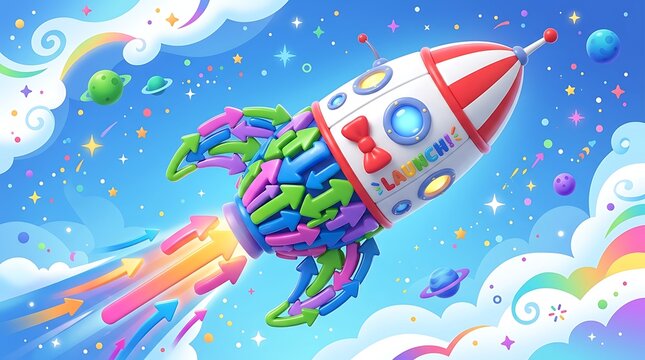 Whimsical 3D animated rocket launch scene with colorful smoke trail and sparkling cosmic background for kids media.