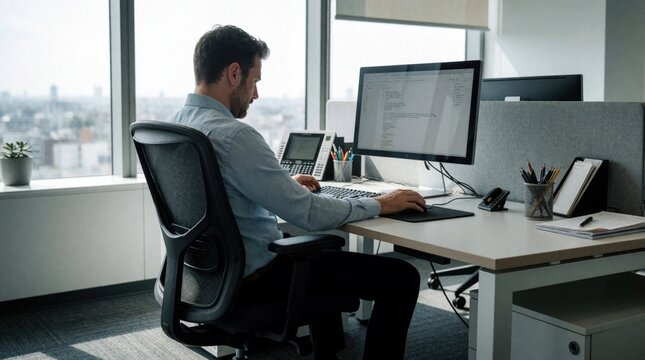 Man sits at office desk with bad posture. Businessman experiences backache working on computer. Slumped spine, neck pain cause discomfort at workstation. Male employee suffers from spinal tension,