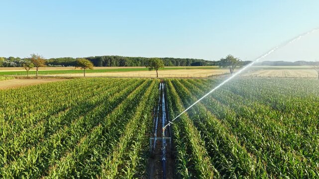 Farmers irrigate corn fields during summer in a countryside setting. A line of trees can be seen in the background under clear skies. Water sprays over the rows of crops.
