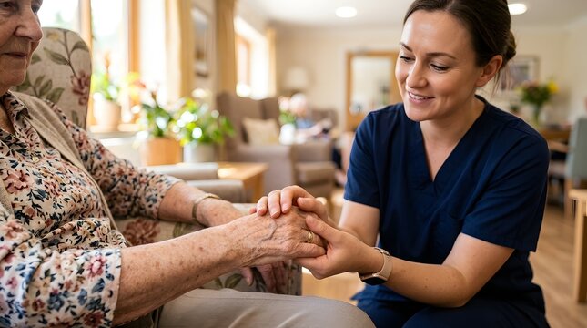 A professional caregiver holds the hand of an elderly woman sitting in a comfortable armchair.