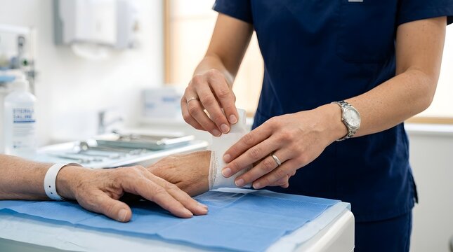 A medical professional applies a sterile bandage to an elderly patient's hand in a clinical room.