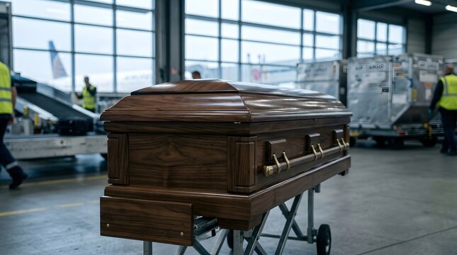 A polished wood casket rests on a metal stand inside a busy airport cargo facility for transport.