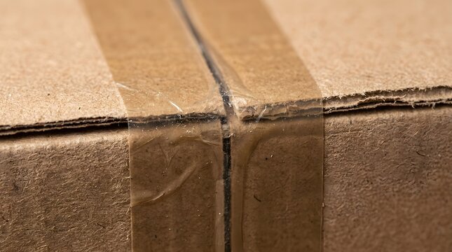 A close-up shot of clear packing tape applied over the seam of a brown cardboard shipping box.